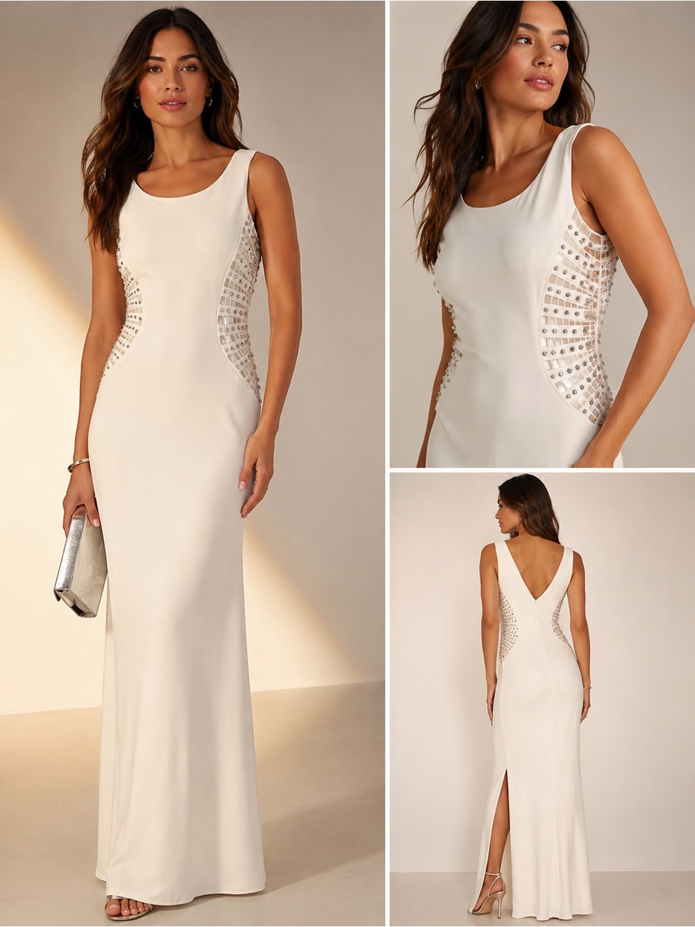 Laundry By Shelli Segal Ivory Embellished Side-Panel Maxi Dress